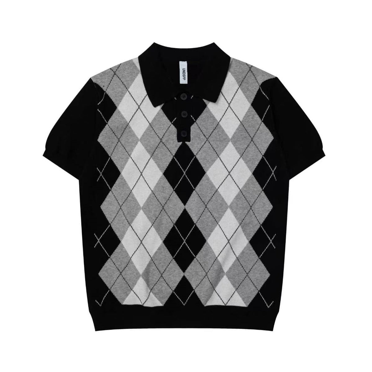 Black knit short-sleeve polo with gray and off-white argyle diamond pattern, collar and three buttons, flat lay