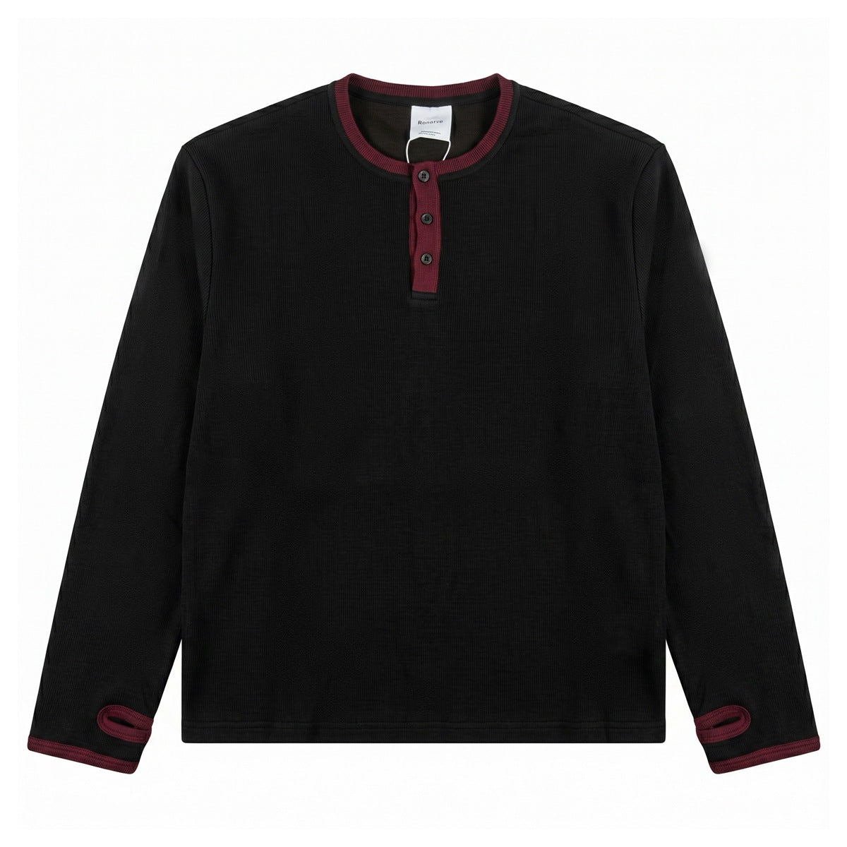 Black ribbed long-sleeve Henley top with burgundy trim, three buttons and thumbhole cuffs, front view