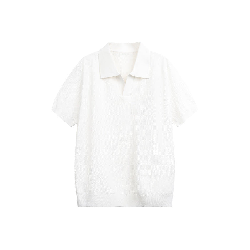 Off-white knit short-sleeve polo shirt with open V placket and ribbed cuffs, flat front view