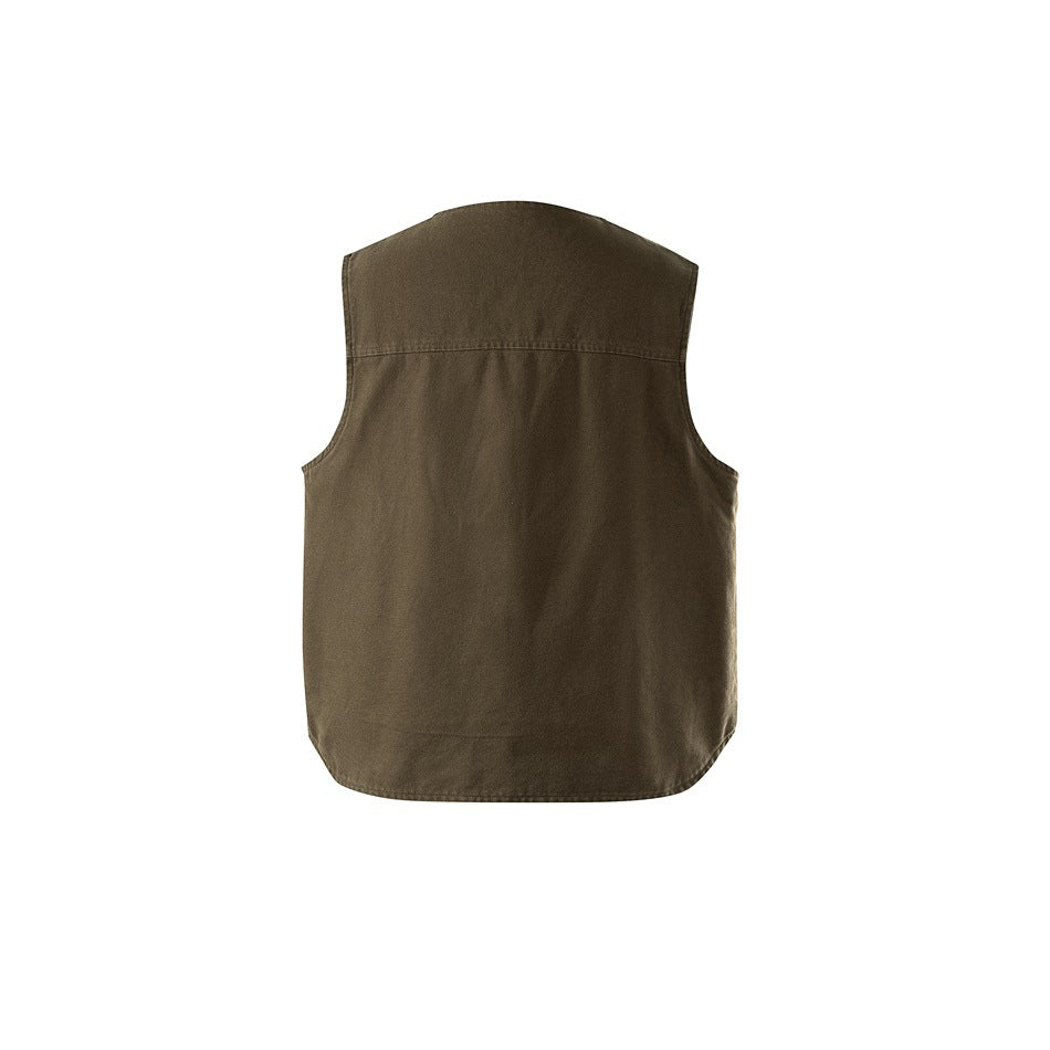 Back view of an army green sleeveless vest with a yoke seam and curved hem