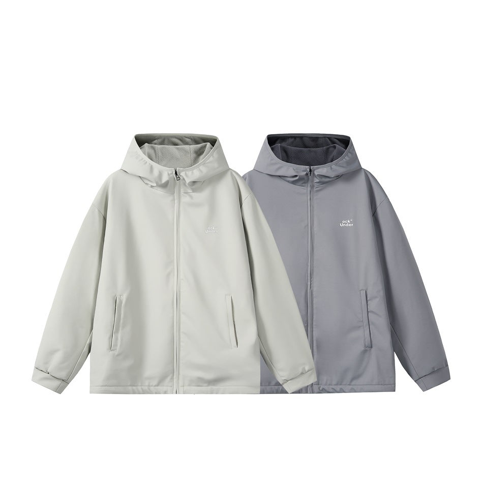 Front view of hooded zip jackets in off-white and gray, each with side pockets.