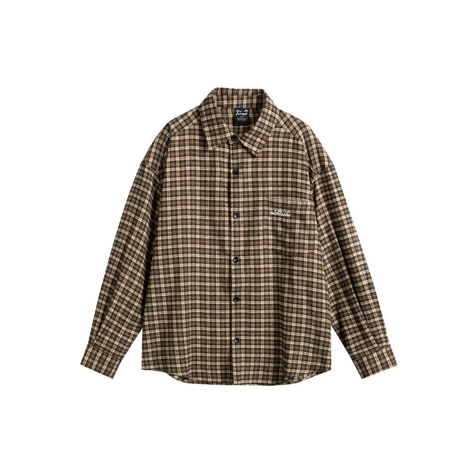 Brown plaid long-sleeve button-up shirt with chest pocket, flat lay front view on white background