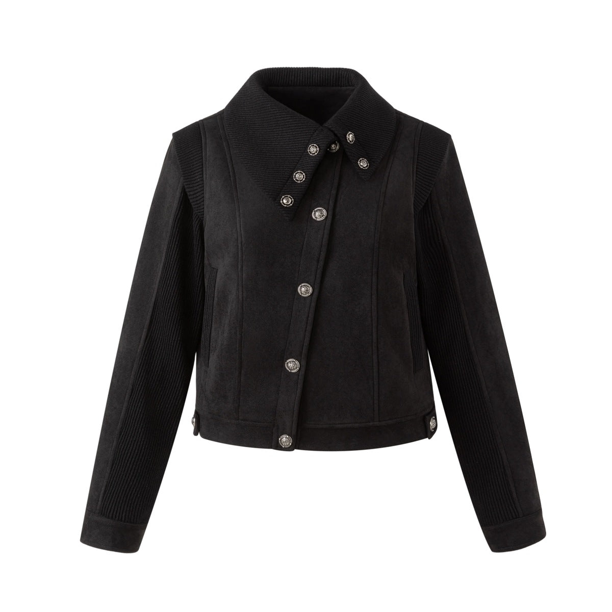 Black cropped jacket with asymmetric ribbed knit collar, diagonal silver button front and ribbed sleeves, flat front view