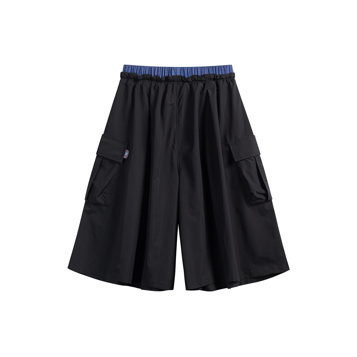 Black wide-leg cropped pants with an elastic waist, blue plaid waistband detail, and flap cargo pockets.