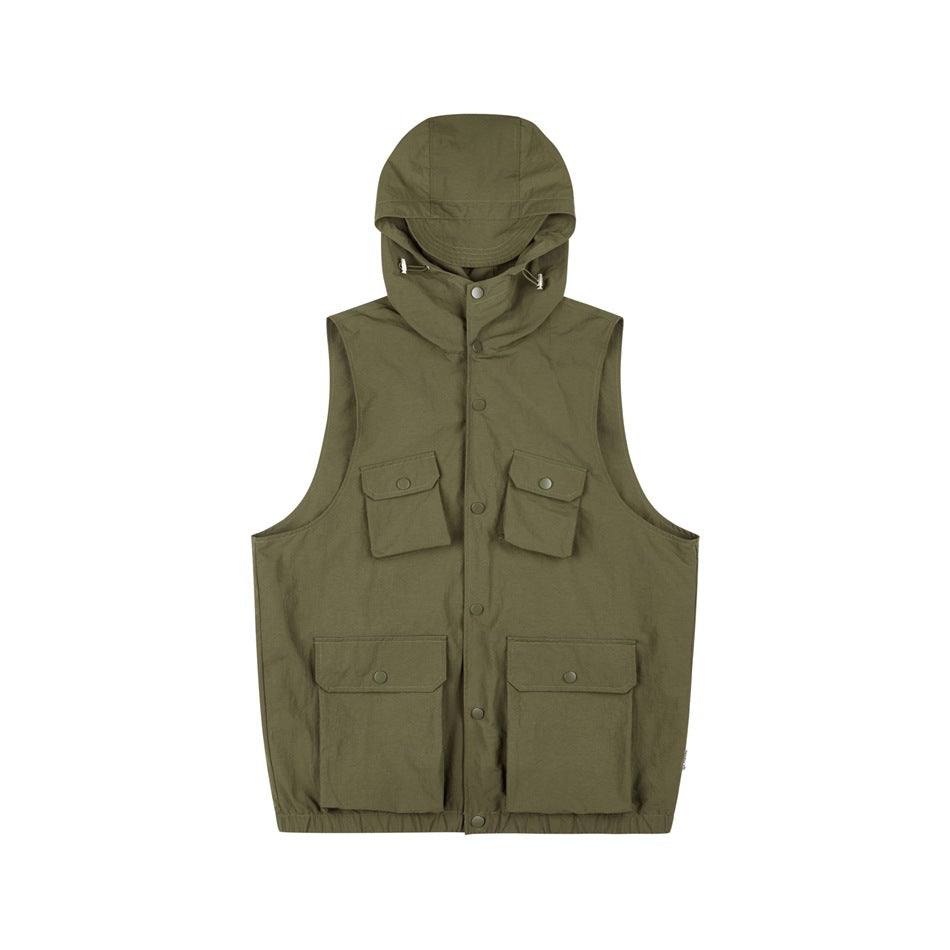 Olive green sleeveless hooded utility vest with snap front and four flap pockets, flat front view