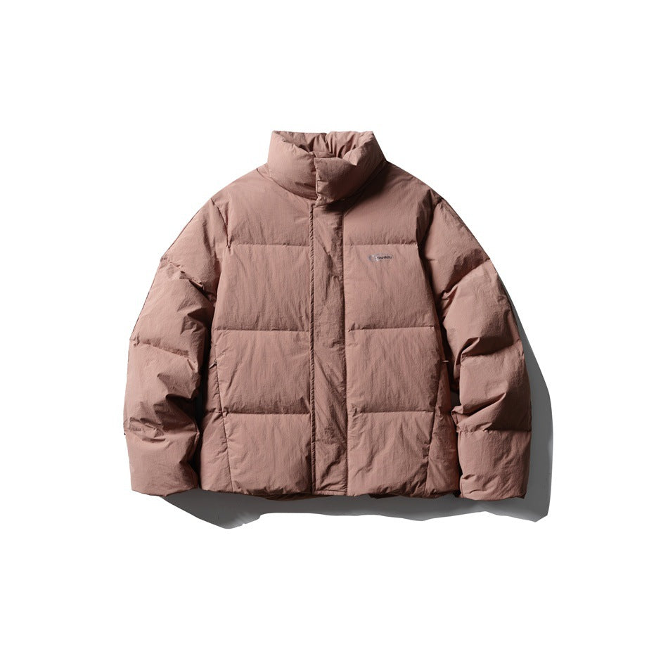 Light pink puffer jacket with stand collar, covered front closure and horizontal quilting, flat lay front view