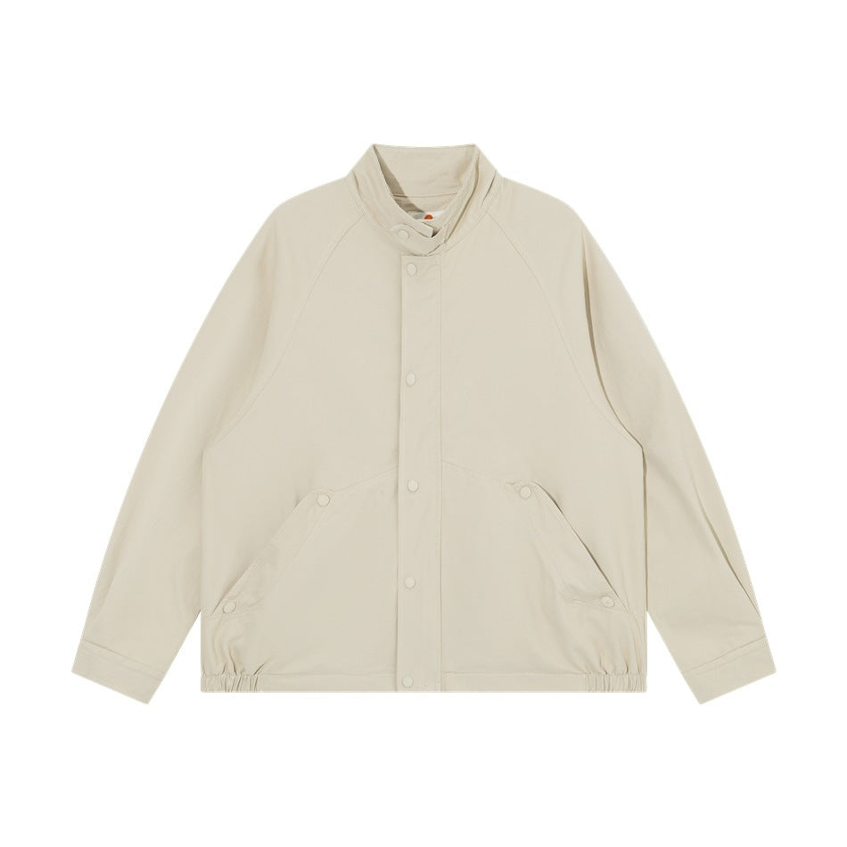 Khaki stand-collar jacket flat lay, front view with snap placket, front pockets and elastic hem