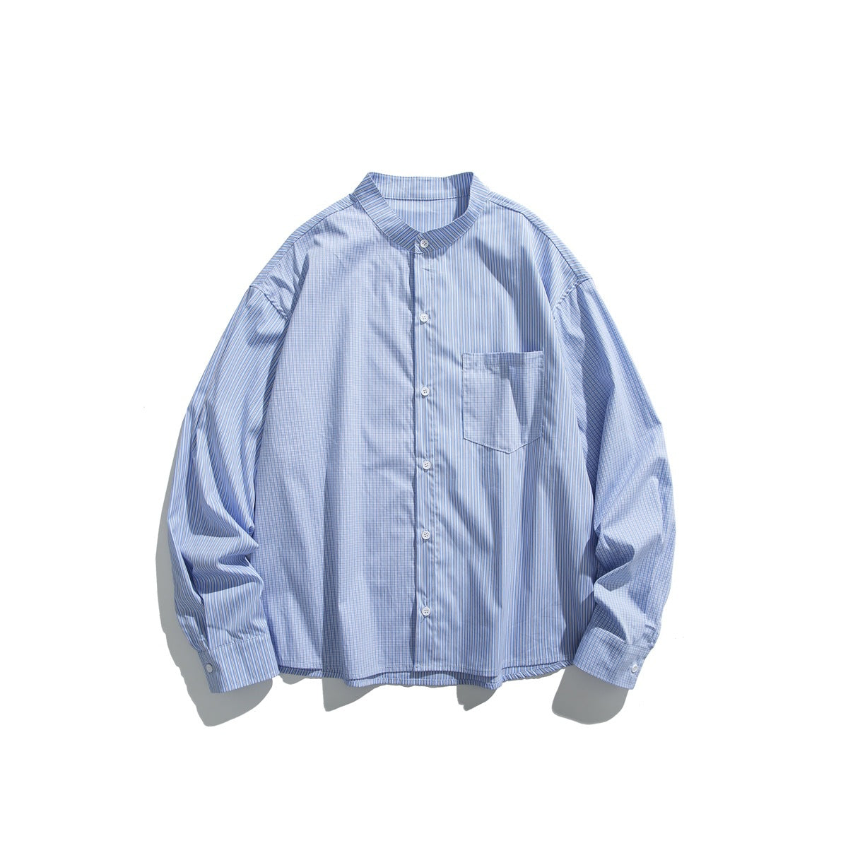 Light blue striped long-sleeve stand-collar button-up shirt with chest pocket, flat lay on white background