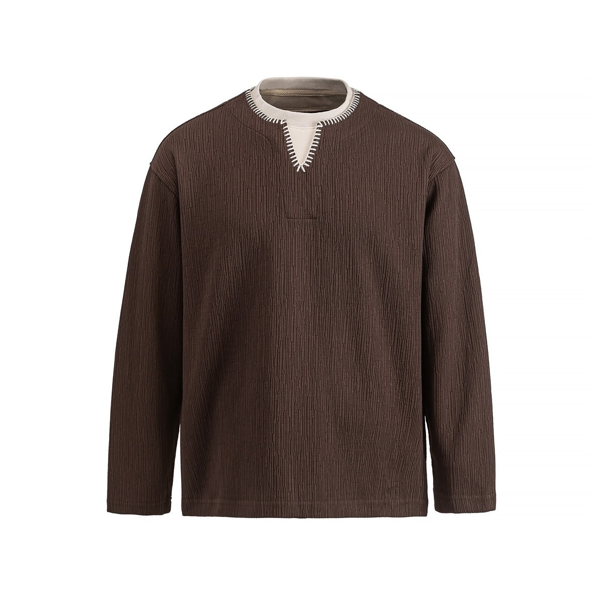 Brown long-sleeve ribbed pullover with beige layered collar and white contrast stitching at the V neckline