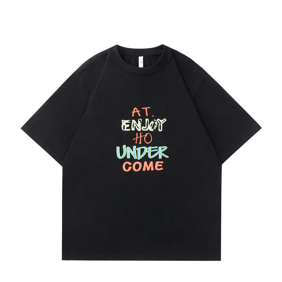 Black short-sleeve crew-neck T-shirt with multicolor graffiti-style text print on the front, flat lay