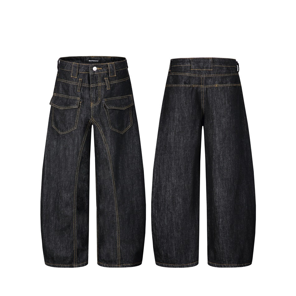 Black wide-leg jeans shown from the front and back, with multiple pockets and contrast stitching.