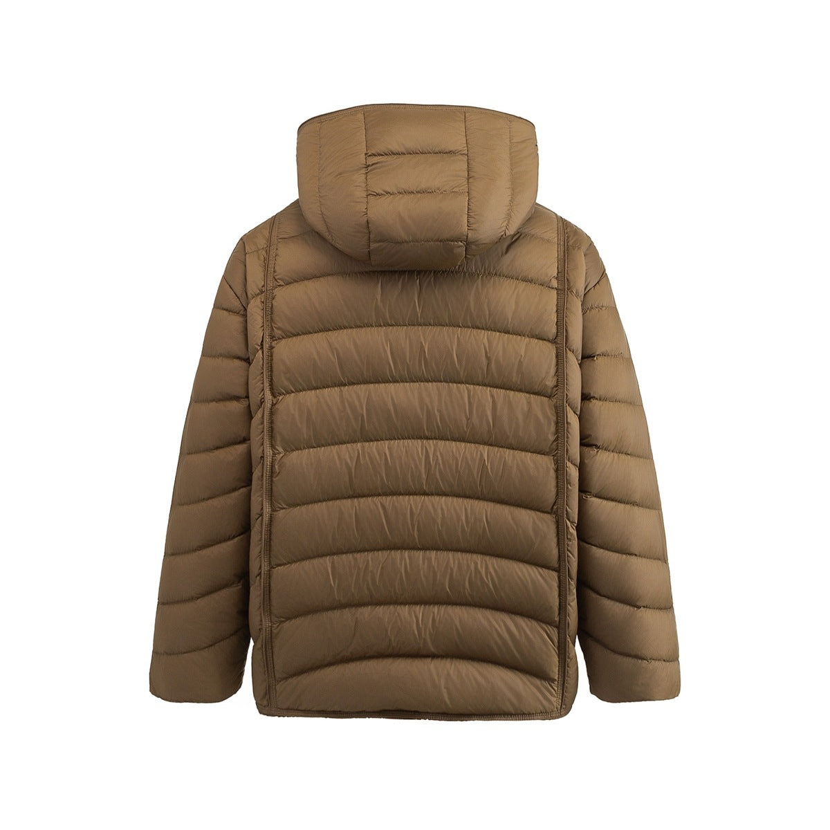 Back view of a brown hooded puffer jacket with horizontal quilted panels and long sleeves.