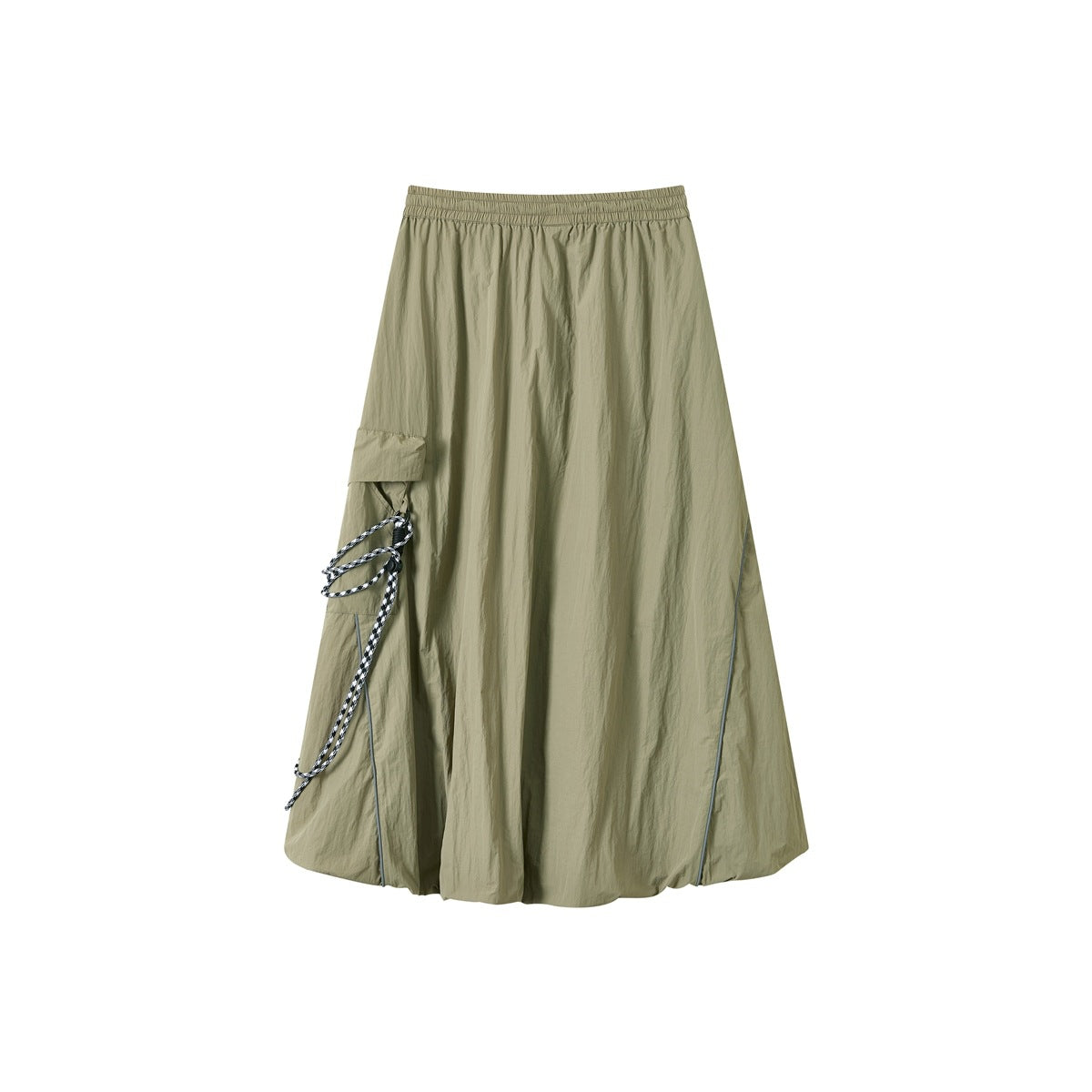 Back view of a khaki long utility skirt with an elastic waistband, side cargo pocket, and black-and-white cord detail.