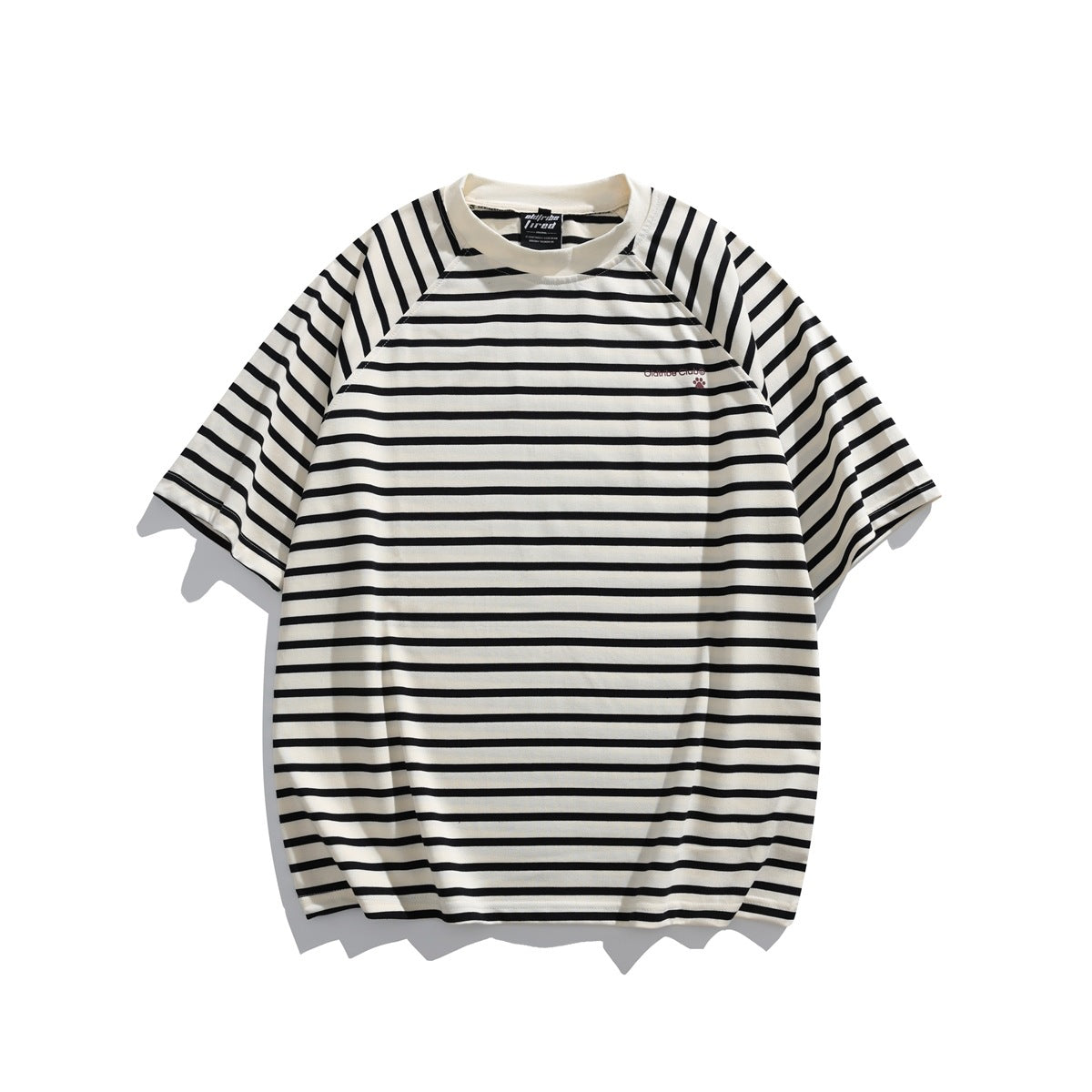 Black and cream striped short-sleeve raglan crew-neck T-shirt laid flat, front view