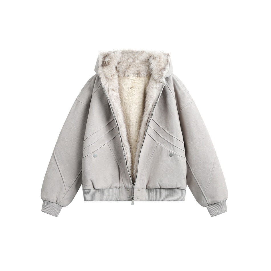 Front view of a light beige hooded jacket with cream and taupe faux-fur lining, zip closure, and ribbed trim.