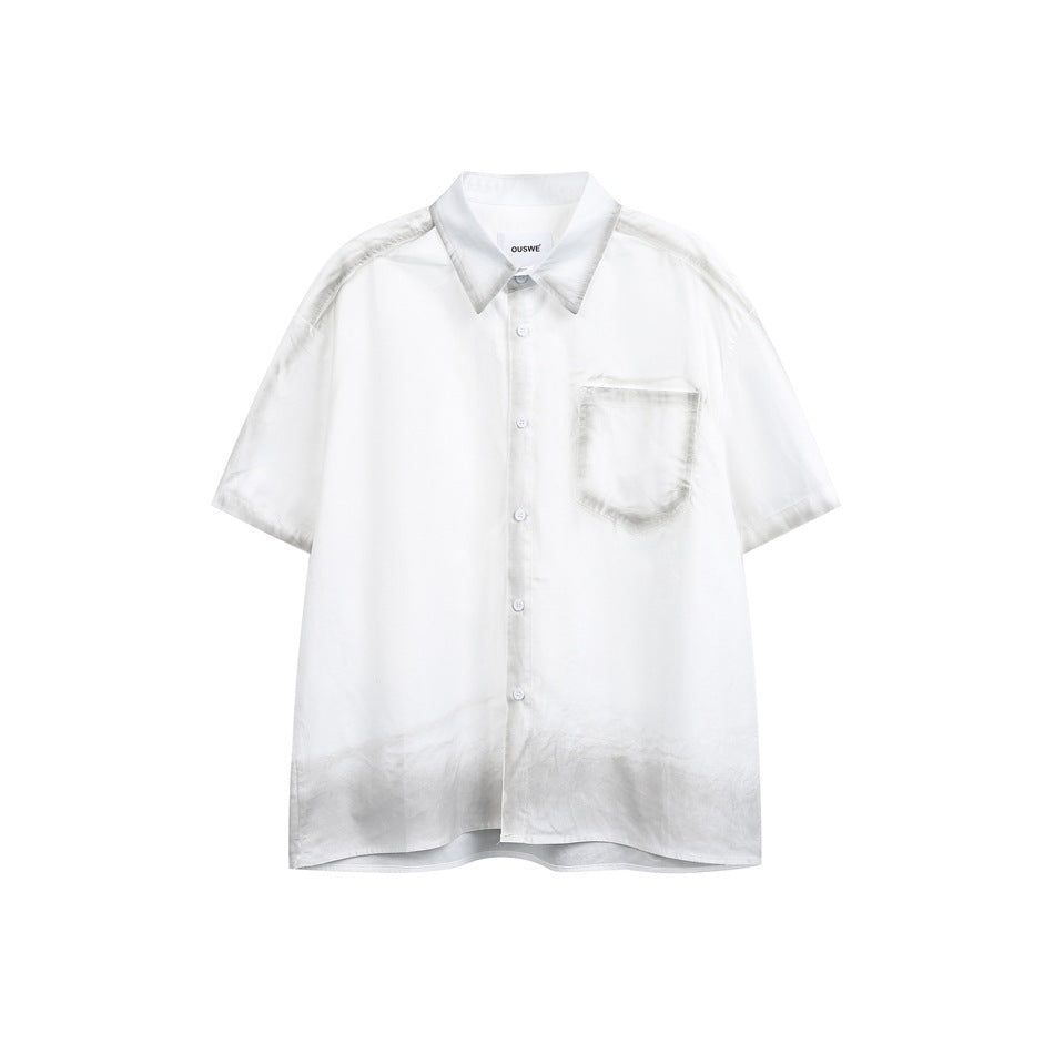 White short-sleeve button-up shirt with gray distressed edging on the collar, chest pocket and hem, flat front view