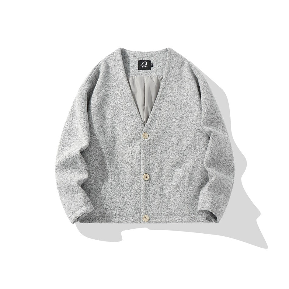 Light gray heathered V-neck button-front jacket with three beige buttons and gray lining, flat lay