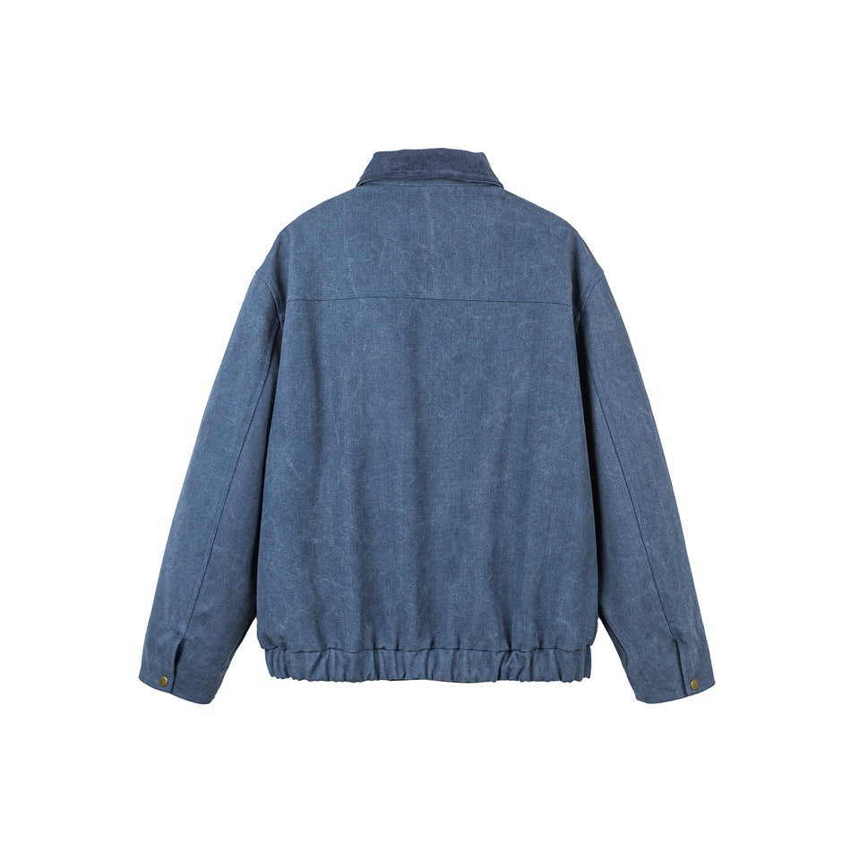 Back view of a blue jacket with a fold-down collar, long sleeves, and an elasticized hem.