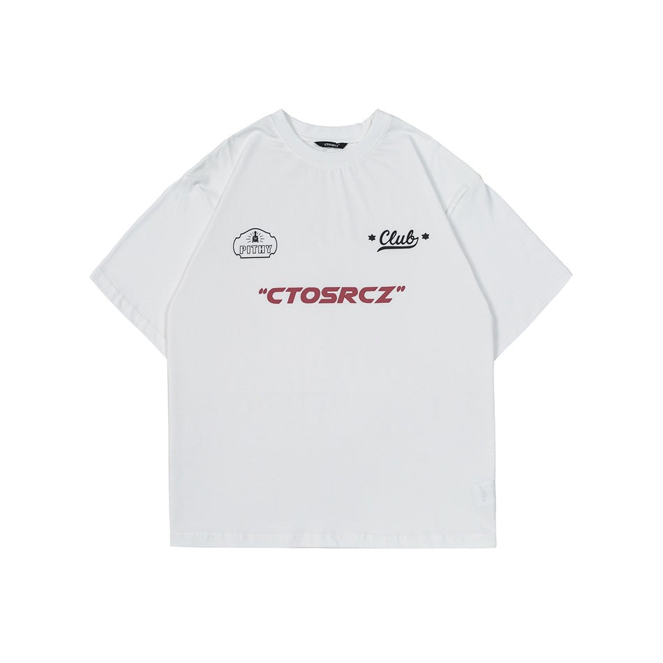 Front view of a white short-sleeve crew-neck T-shirt with small chest emblems and a red graphic.
