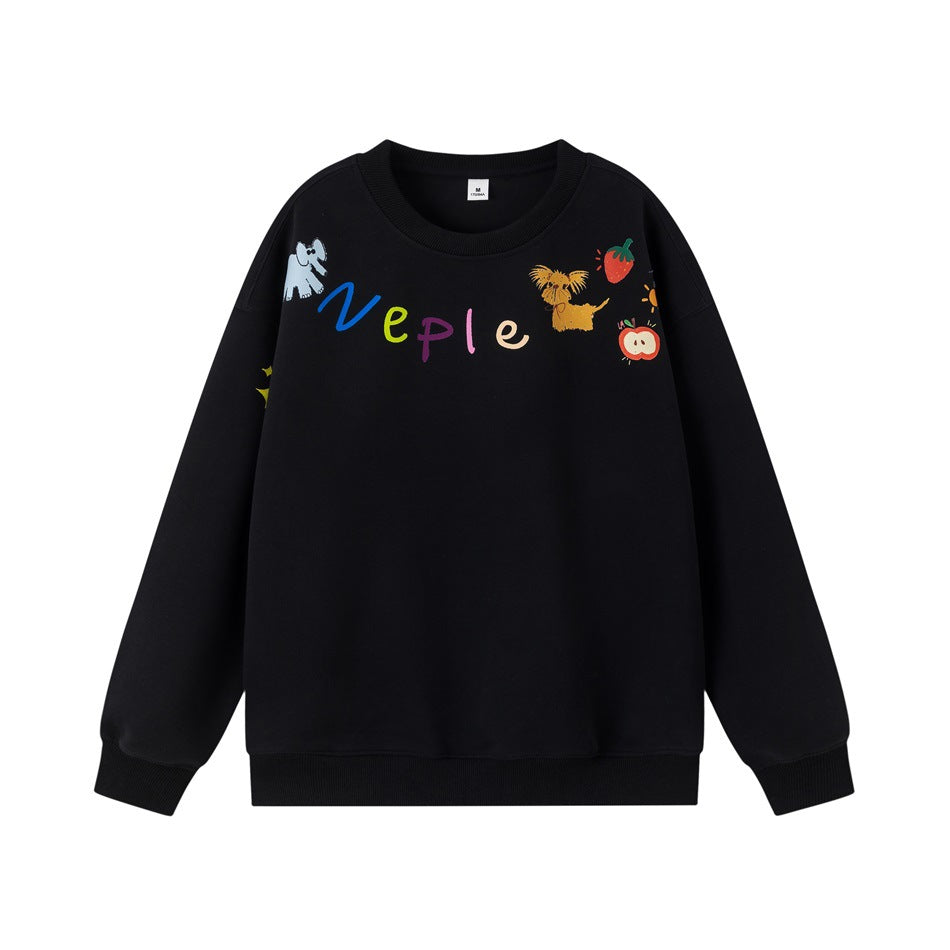 Black crewneck sweatshirt with colorful animal, fruit and lettering print across the neckline and shoulders