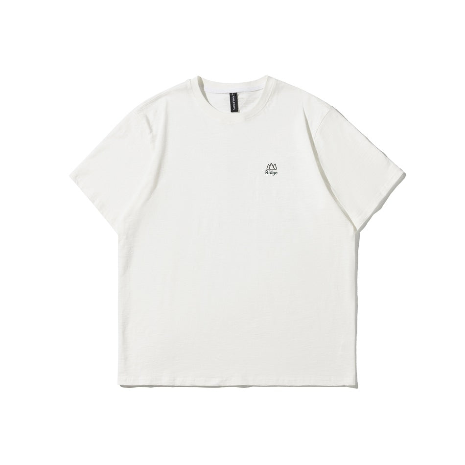 White short-sleeve crew-neck T-shirt with a small black mountain-style Ridge logo on the chest.