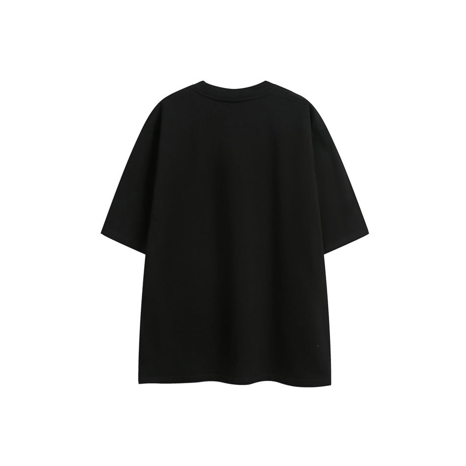 Back view of a plain black short-sleeve crewneck T-shirt.