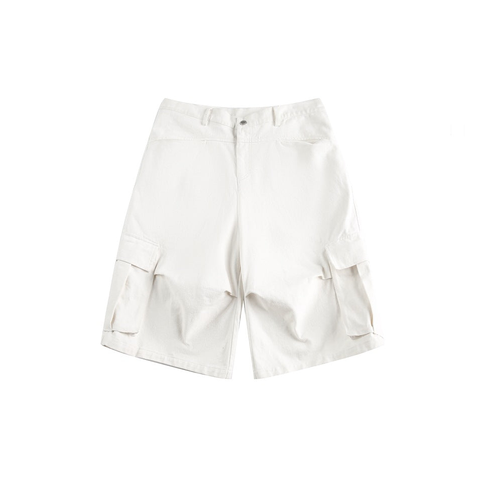White knee-length cargo shorts, front flat lay with button waistband and large side flap pockets