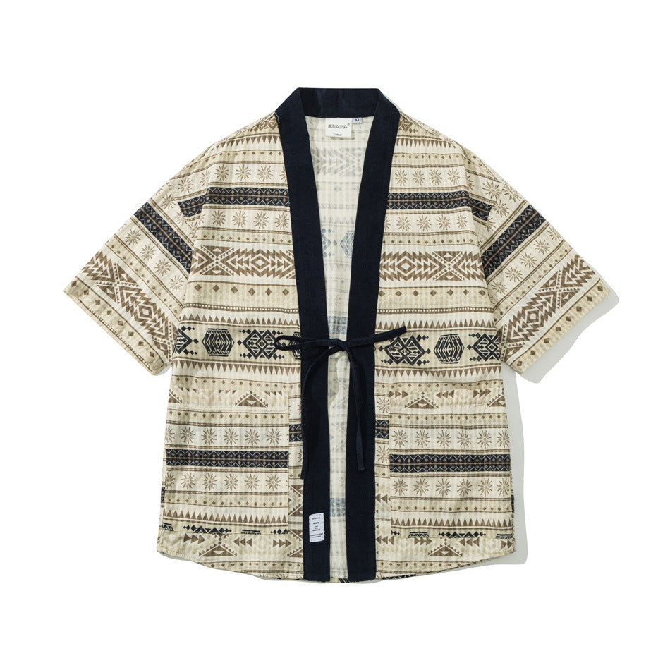 Cream short-sleeve kimono-style jacket with brown and black geometric stripes, navy trim and waist tie, flat front view