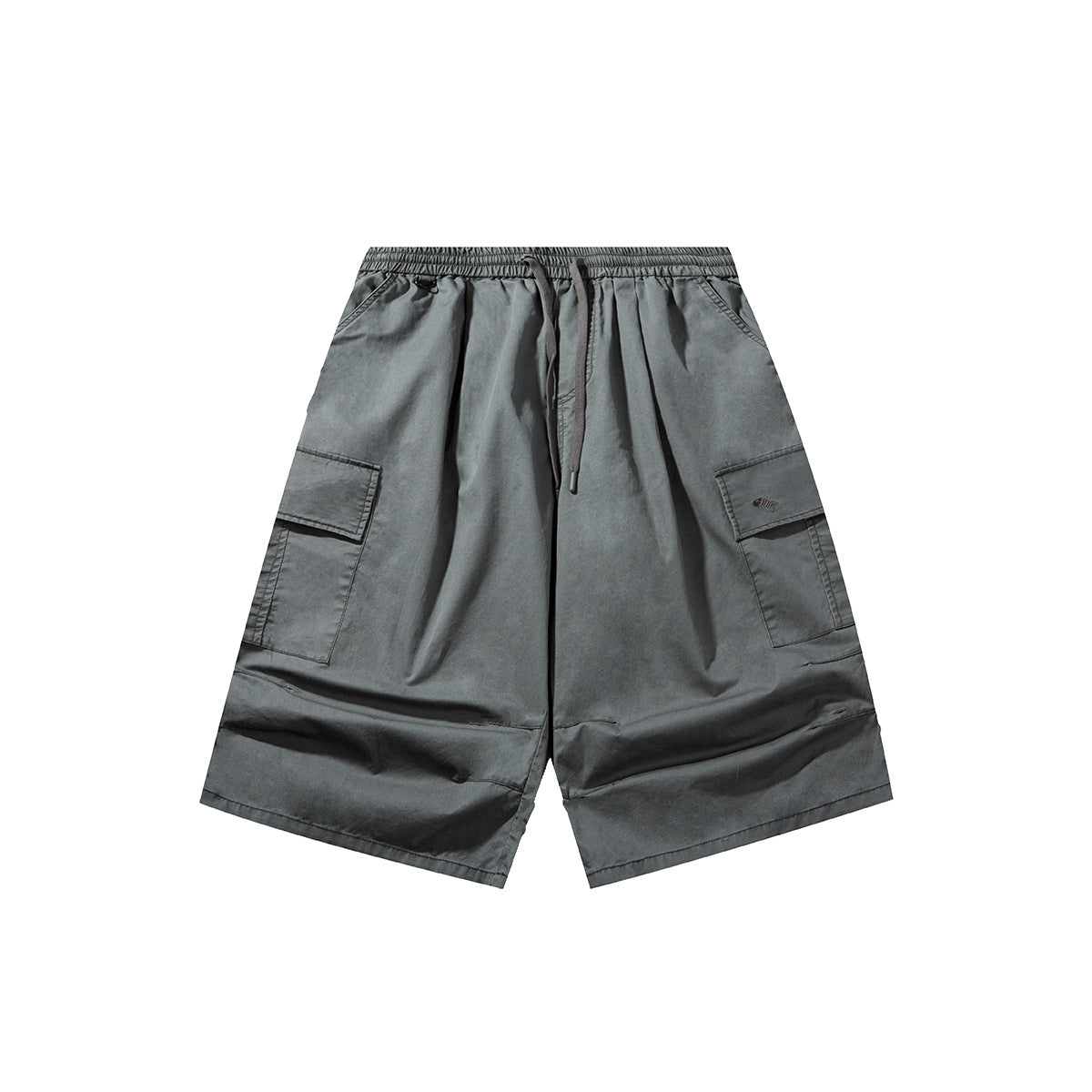 Gray knee-length cargo shorts with drawstring elastic waist and flap pockets on each side, flat lay front view