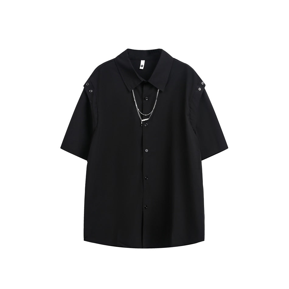 Black short-sleeve button-up shirt with shoulder eyelet panels and a layered silver chain at the placket, flat front view