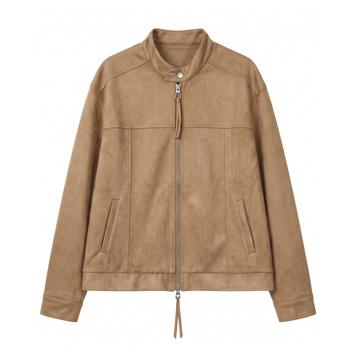 Light brown suede-look stand-collar zip jacket, flat front view with snap tab collar and tassel zipper pulls