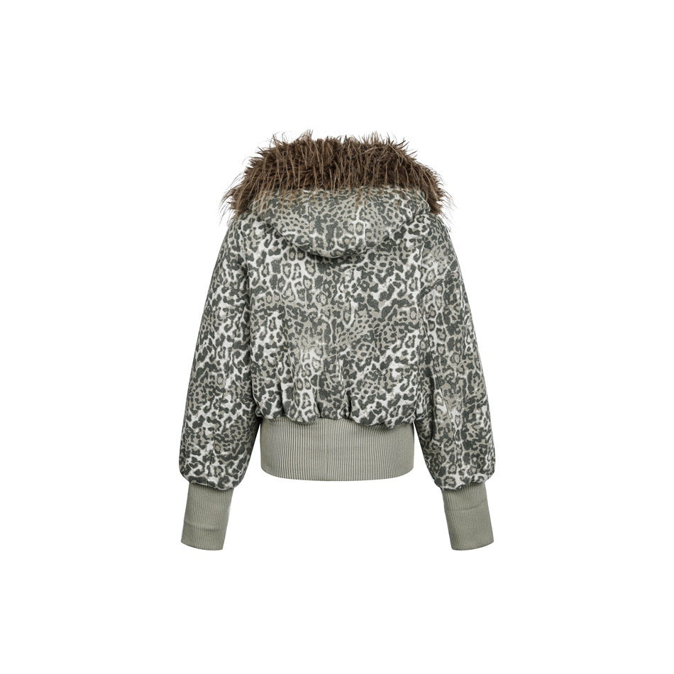 Back view of a gray leopard-print jacket with a brown fur-trimmed hood, ribbed hem, and long cuffs on white.