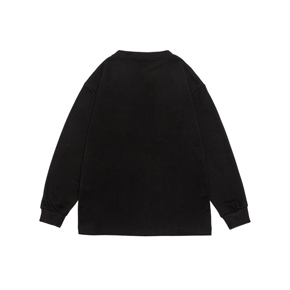 Flat rear view of a black long-sleeve crewneck sweatshirt with ribbed collar and cuffs.