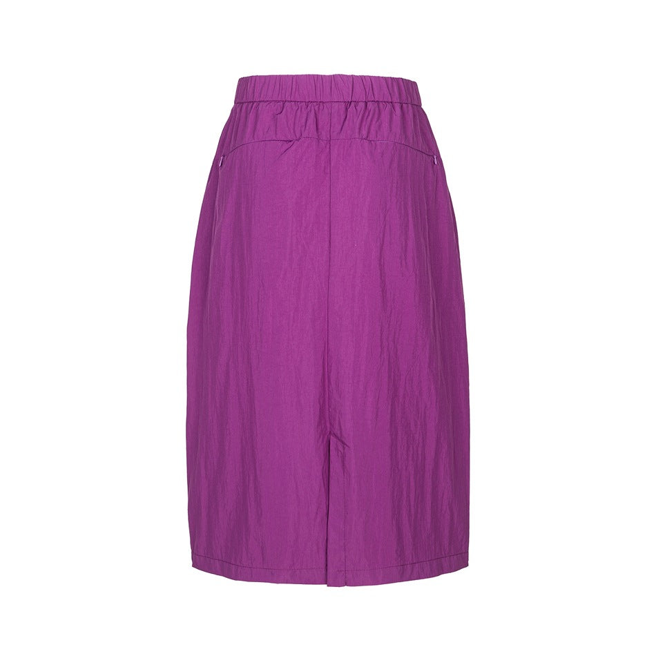 Purple midi skirt flat lay, back view, with elastic waistband and center back vent