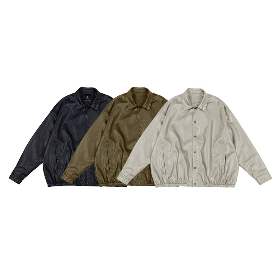 Three button-front jackets shown together in navy, olive brown and light beige.