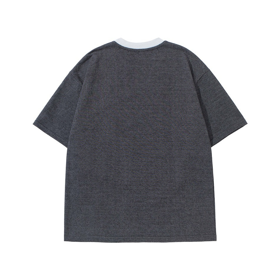 Back view of a charcoal gray short-sleeve T-shirt with a white crew-neck collar.
