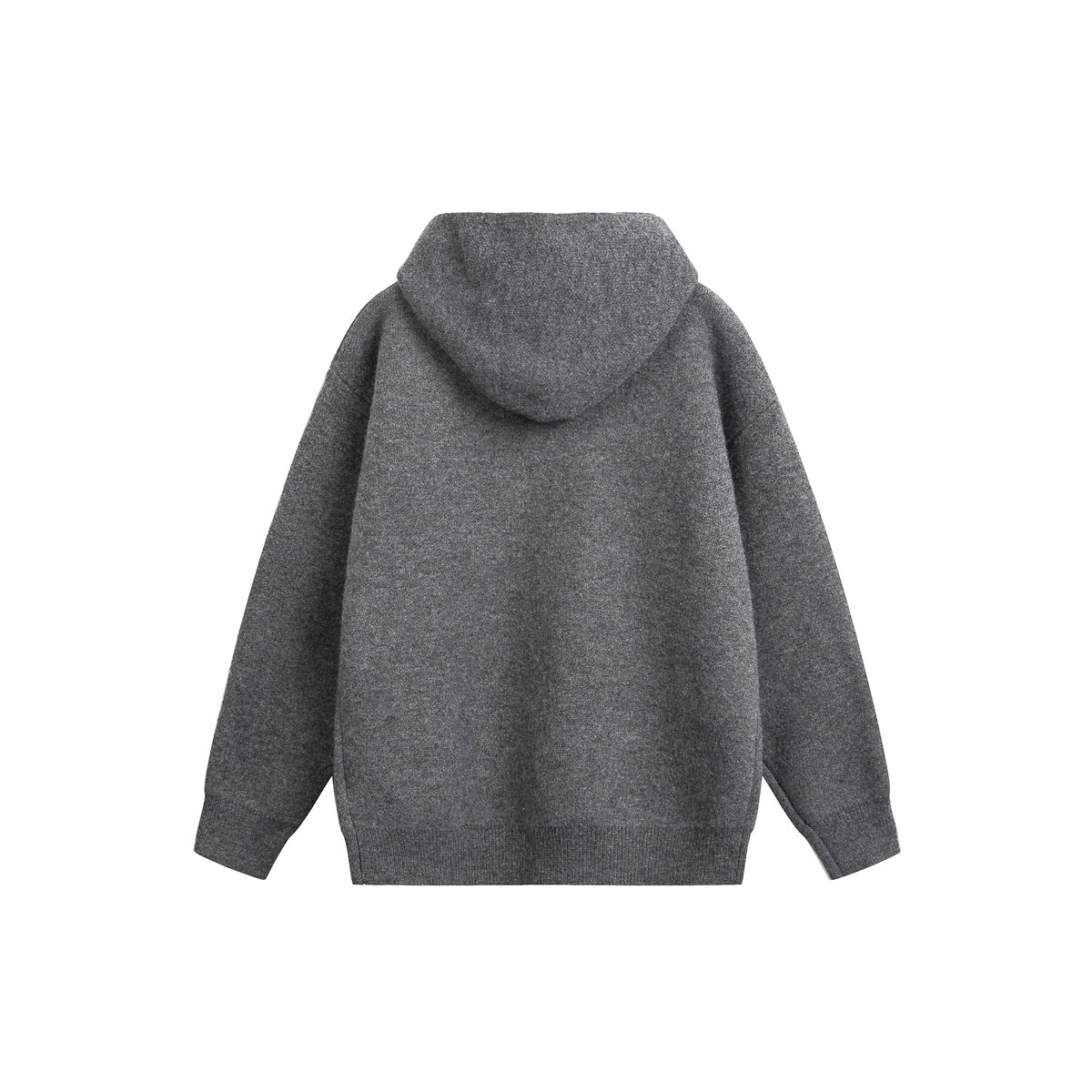 Back view of a dark charcoal gray hooded knit sweater with long sleeves and ribbed cuffs and hem.