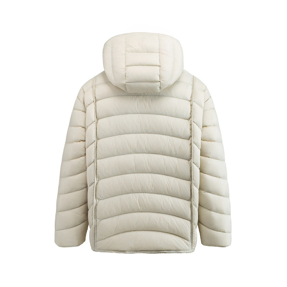 Rear view of an off-white hooded quilted jacket with horizontal baffles and long sleeves.
