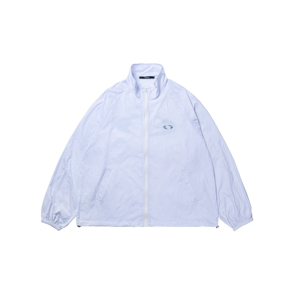 Front view of a pale lavender zip jacket with a stand collar, angled pockets, and a small chest emblem.