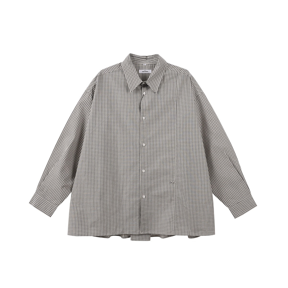 Flat-lay front of a black-and-white gingham long-sleeve button-up shirt with pointed collar and oversized shape