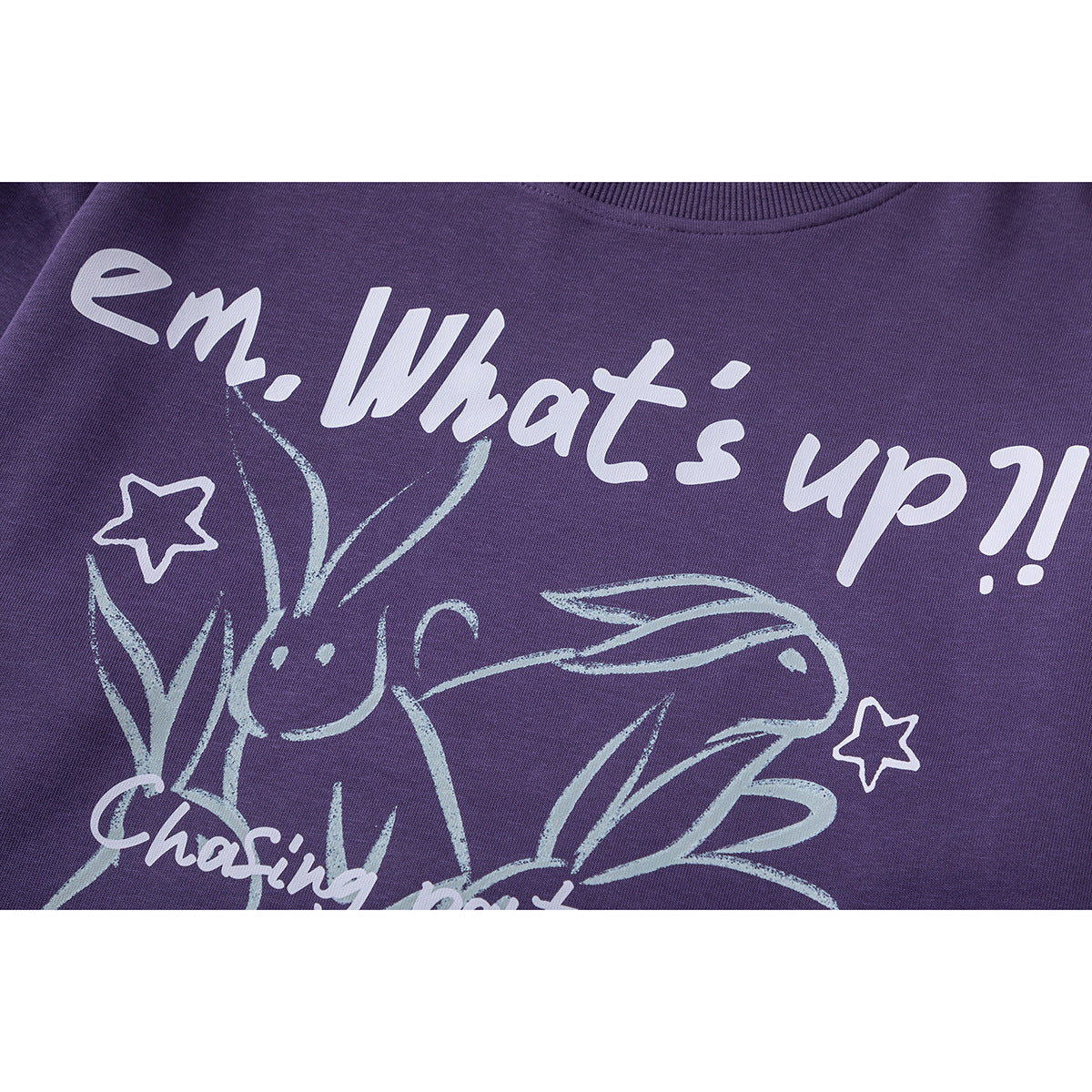 Close-up of a purple sweatshirt's front graphic with white lettering and whimsical outlined figures.