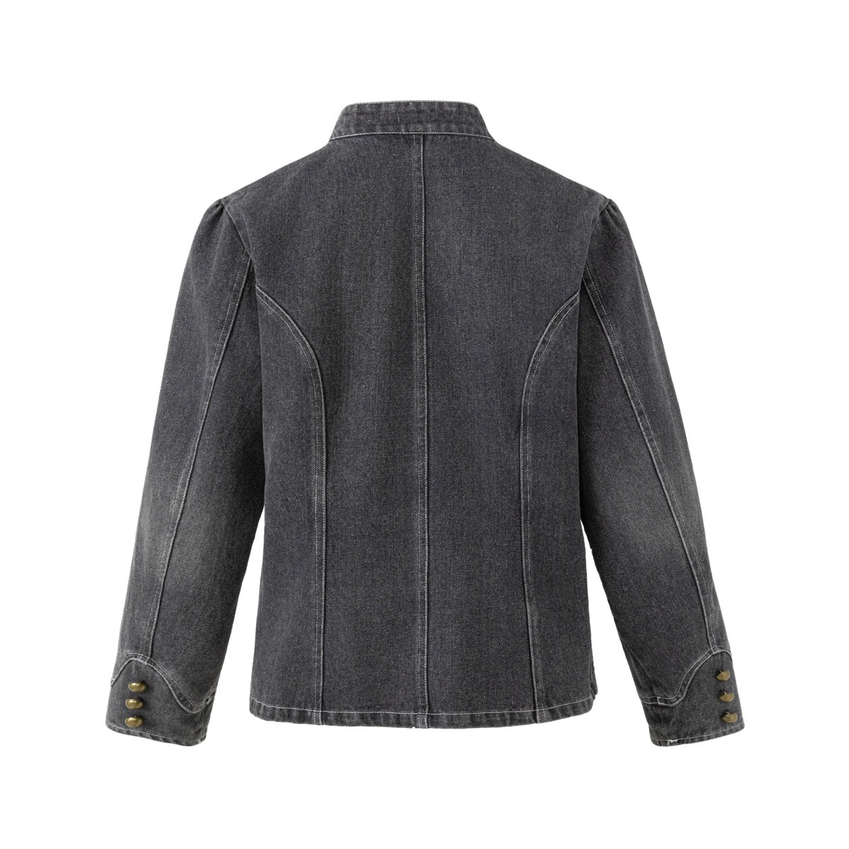 Back view of a charcoal gray denim jacket with curved panel seams, a short stand collar, and three buttons at each cuff.