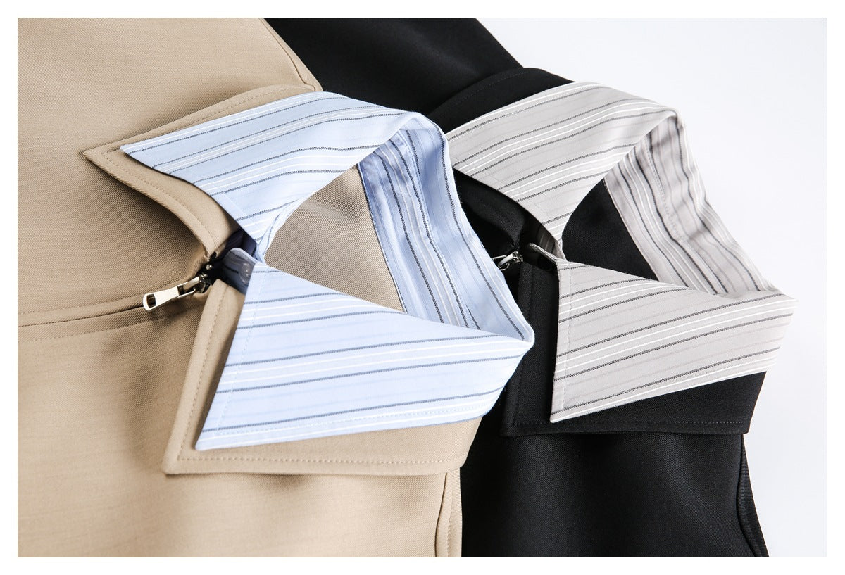 Close-up of striped contrast collars on beige and black jackets, showing the collar and zipper details.