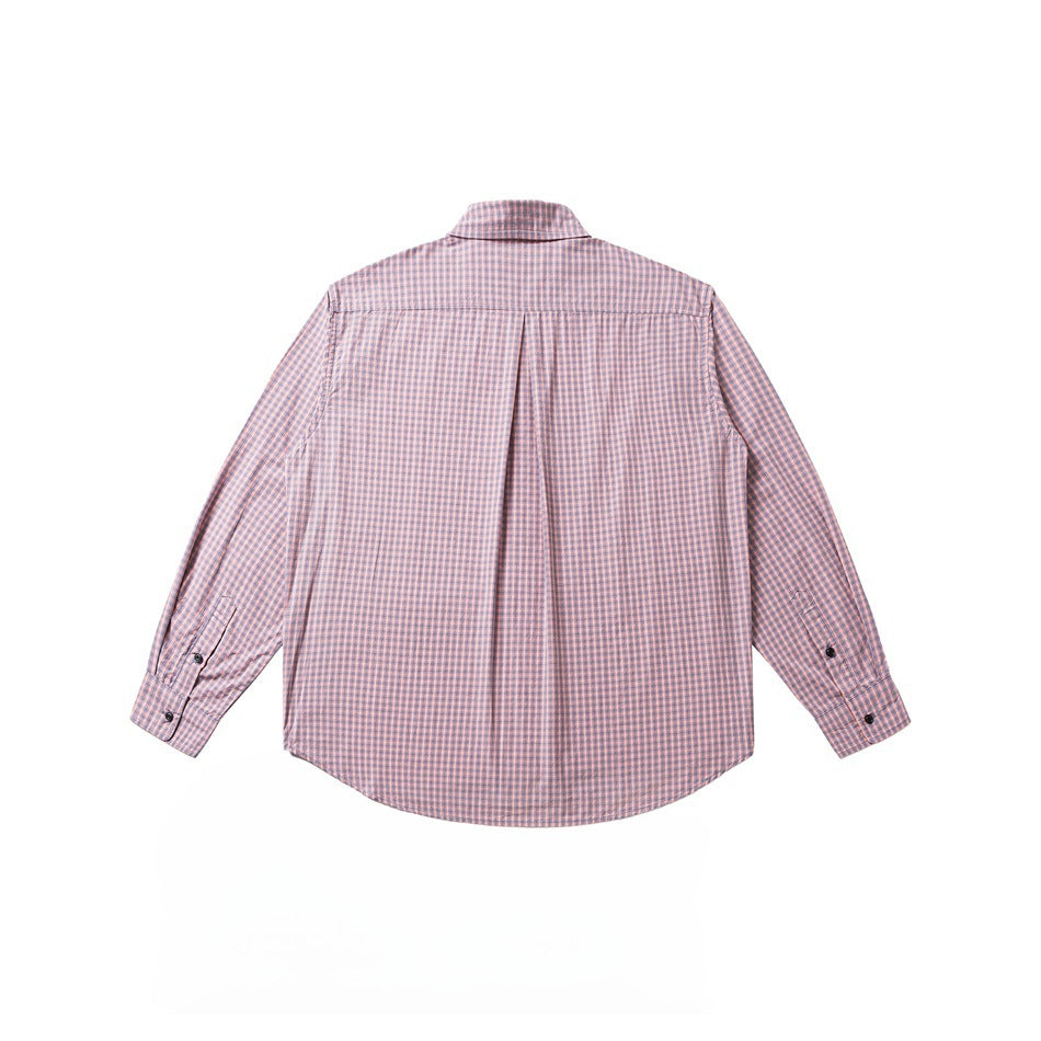 Back view of pink and blue small-check long-sleeve shirt with center back pleat and buttoned cuffs