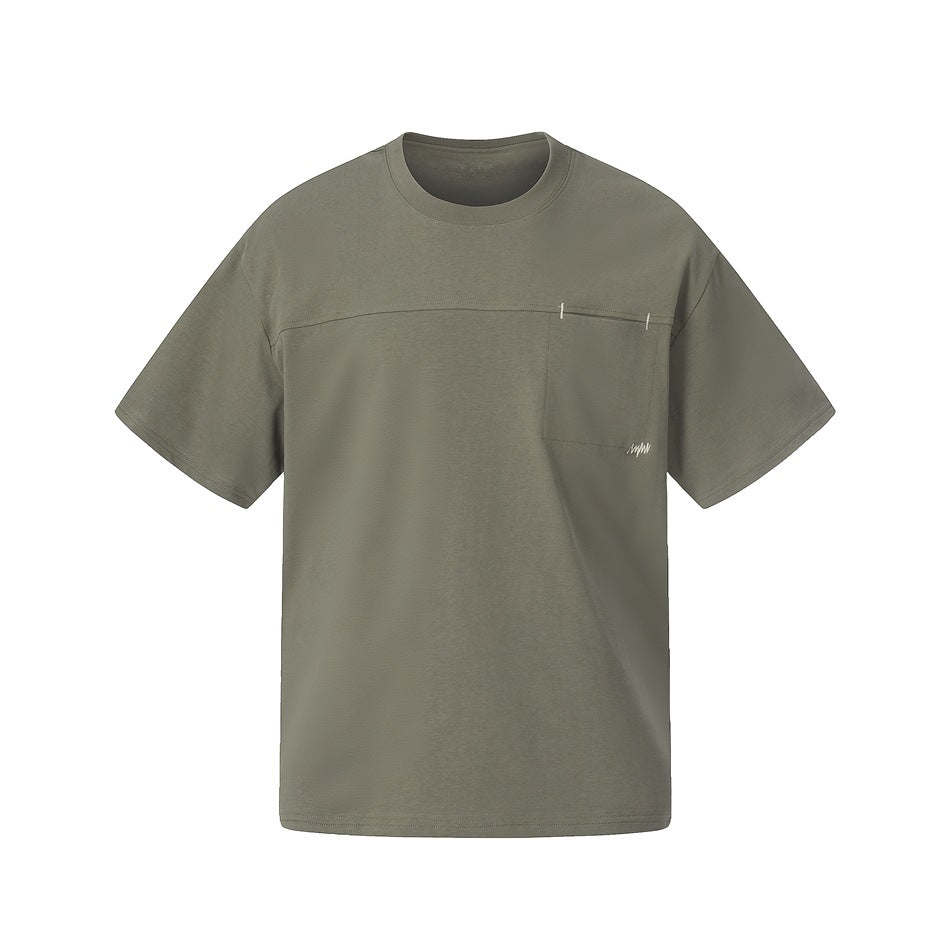 Olive green short-sleeve crew neck T-shirt with chest seam and patch pocket, flat front view