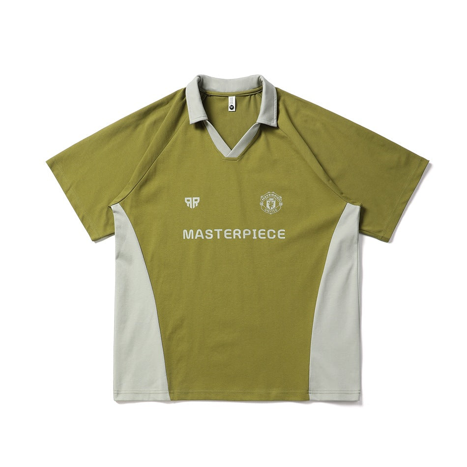 Olive green short-sleeve polo-collar jersey top with light gray-green collar and side panels, flat front view