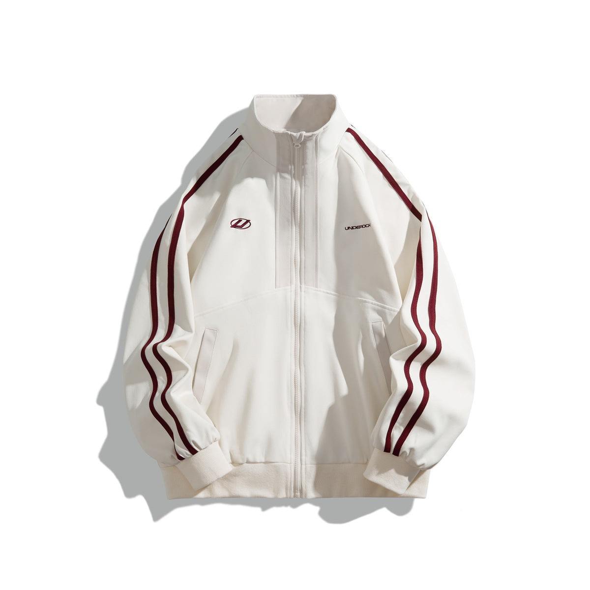 Off-white zip-front stand-collar jacket with burgundy double stripes on raglan sleeves, flat lay