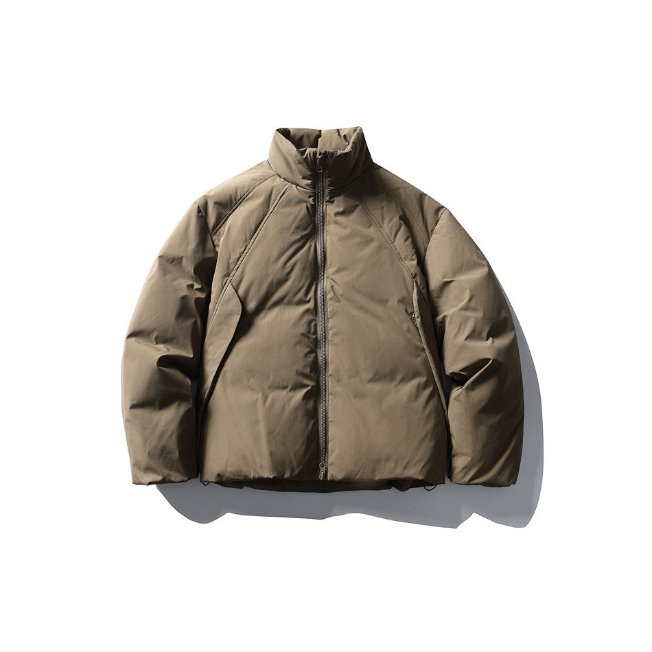 Khaki stand-collar puffer jacket with full front zipper, flat lay front view