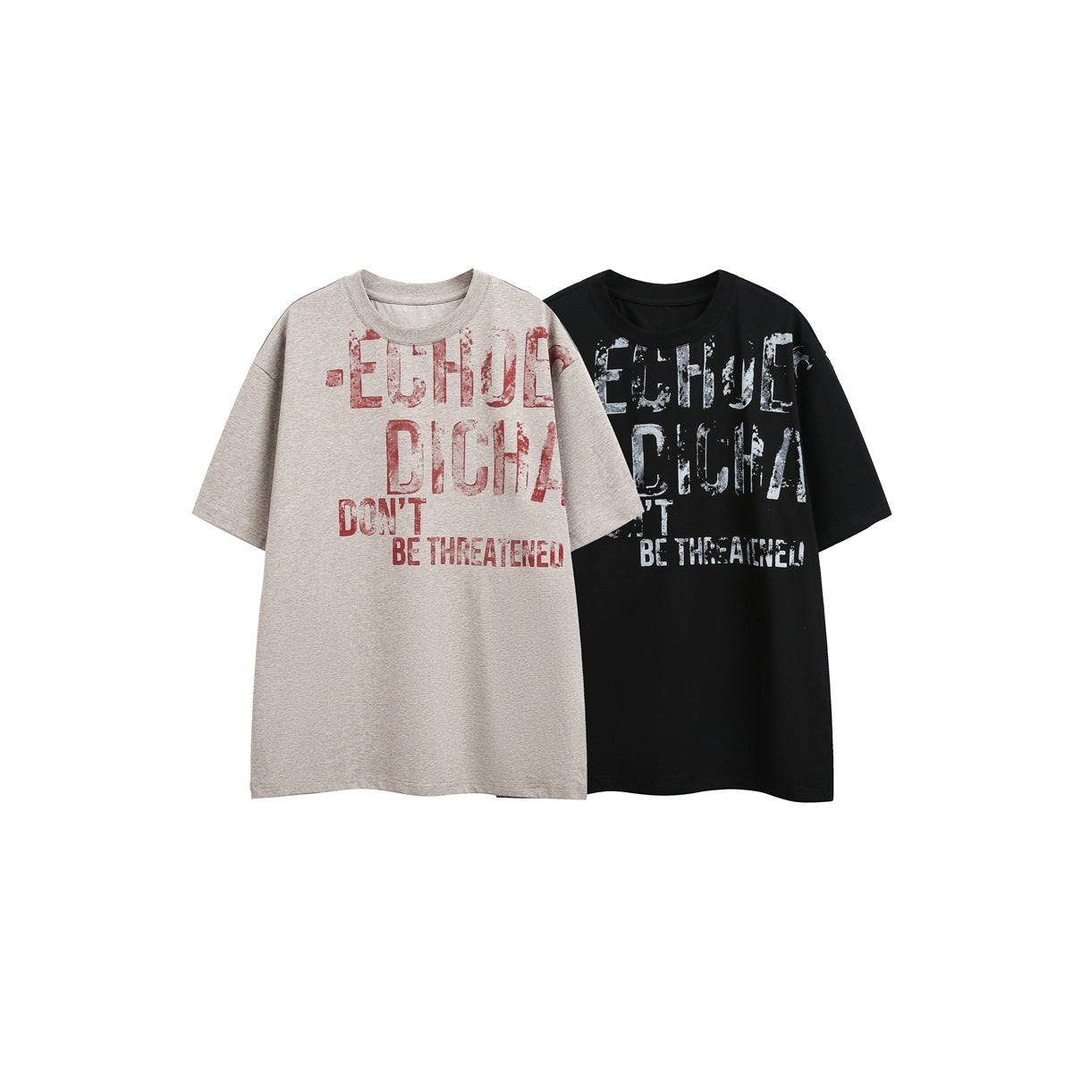 Front view of two oversized short-sleeve crew-neck T-shirts: beige with distressed red print and black with gray print.