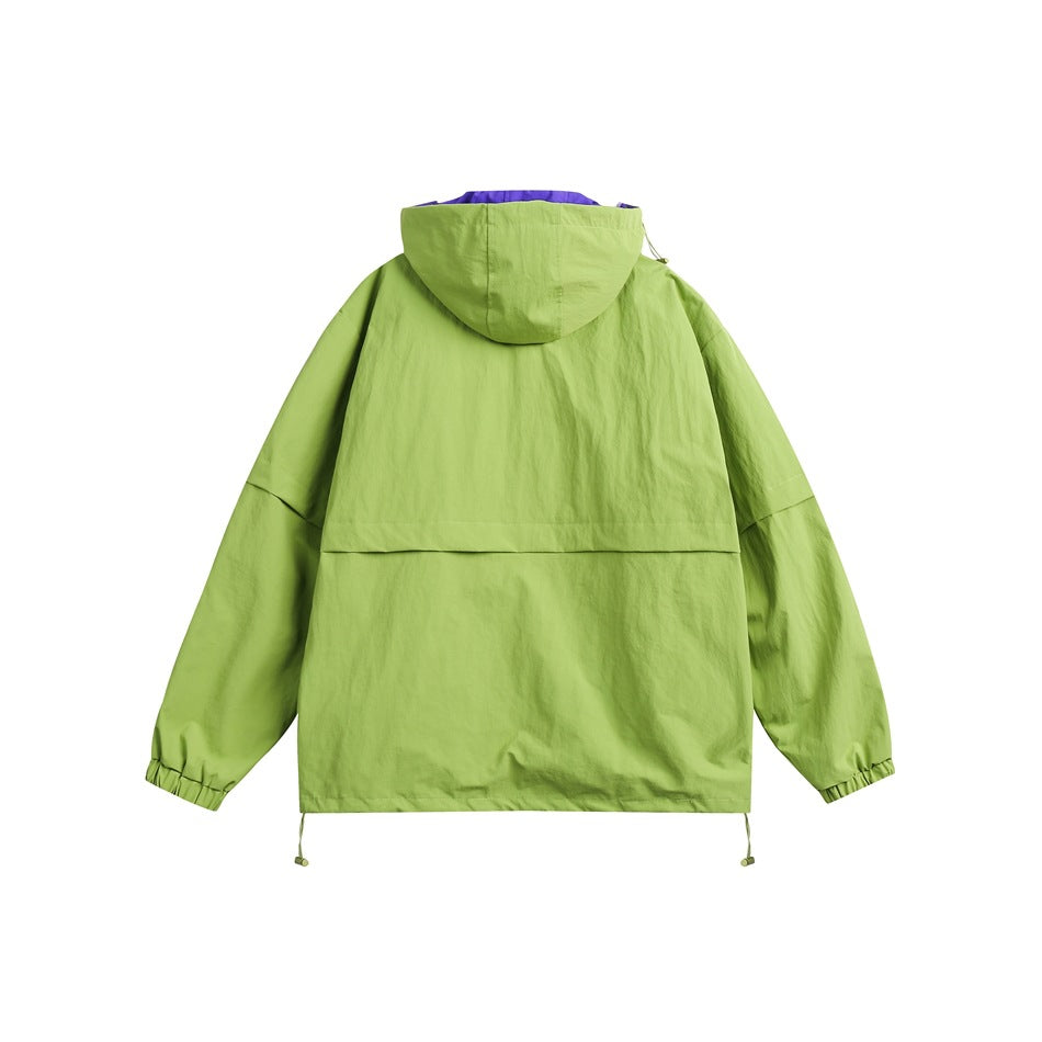 Back view of a lime green hooded jacket with a rear flap, gathered cuffs, and adjustable hem cords.